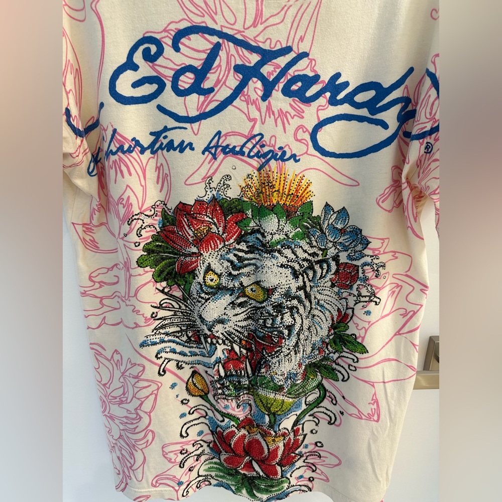 Ed Hardy Y2K Graphic Tattoo Tee Christian Audigier Tiger Print Womenโs L
